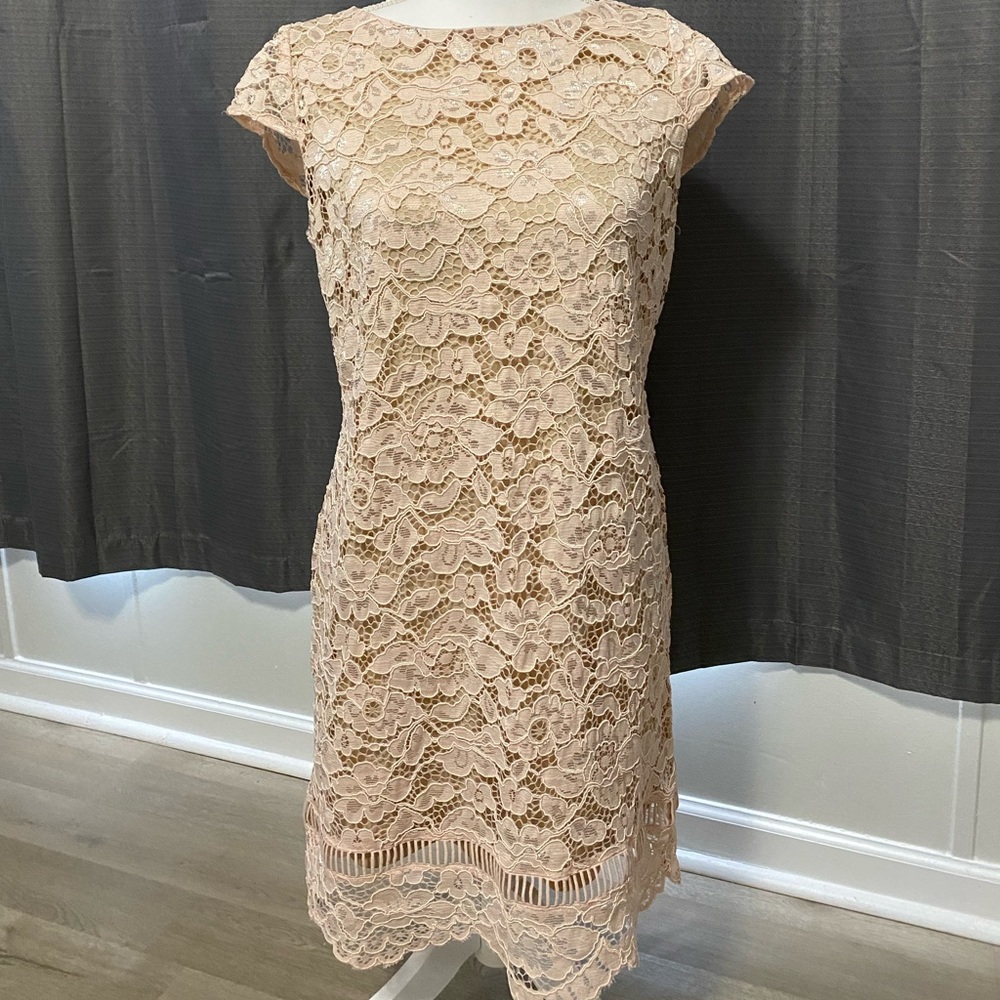 Laced blush colored dress.